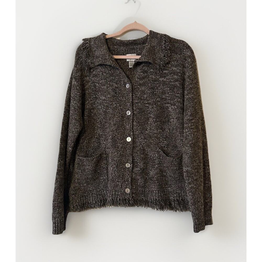 Chicos Fringe Brown Cardigan Sweater Size 3 Pearlescent Buttons US Size 16